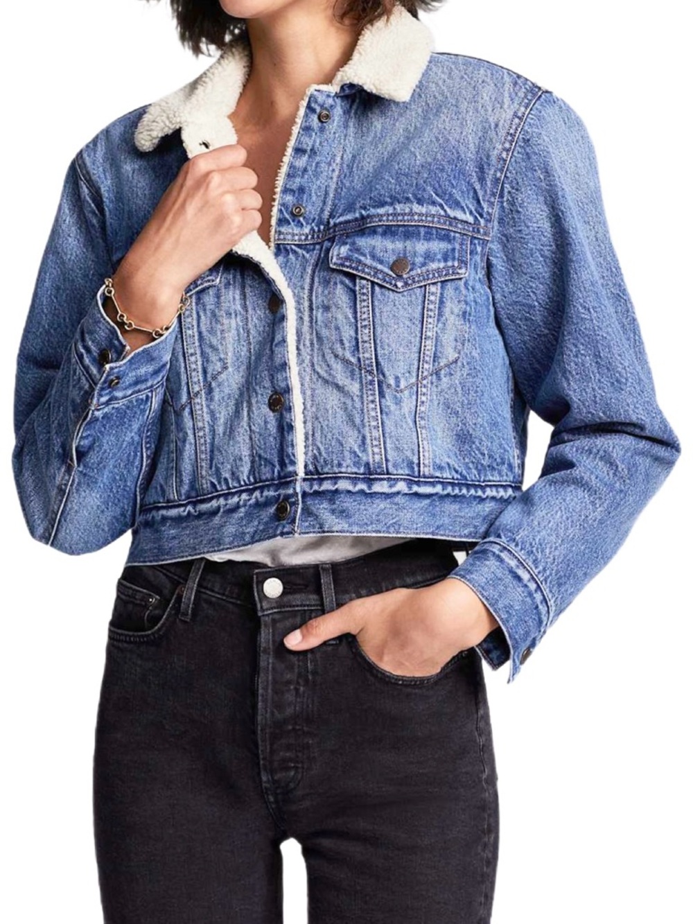 Denim Forum Cropped Sherpa Denim Jacket Light Blue Wash Size S